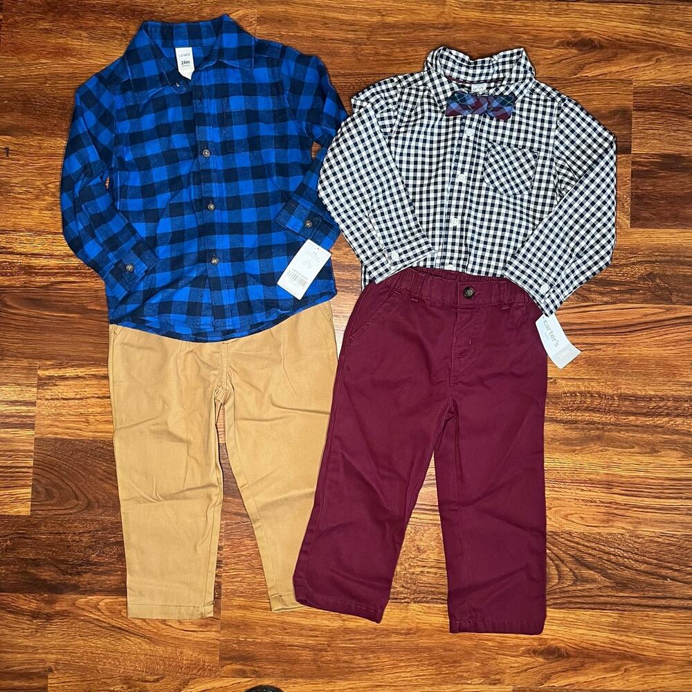 NEW Carters Outfits, Plaid Flannel and Plaid Button Down with Bow Tie 24 Months